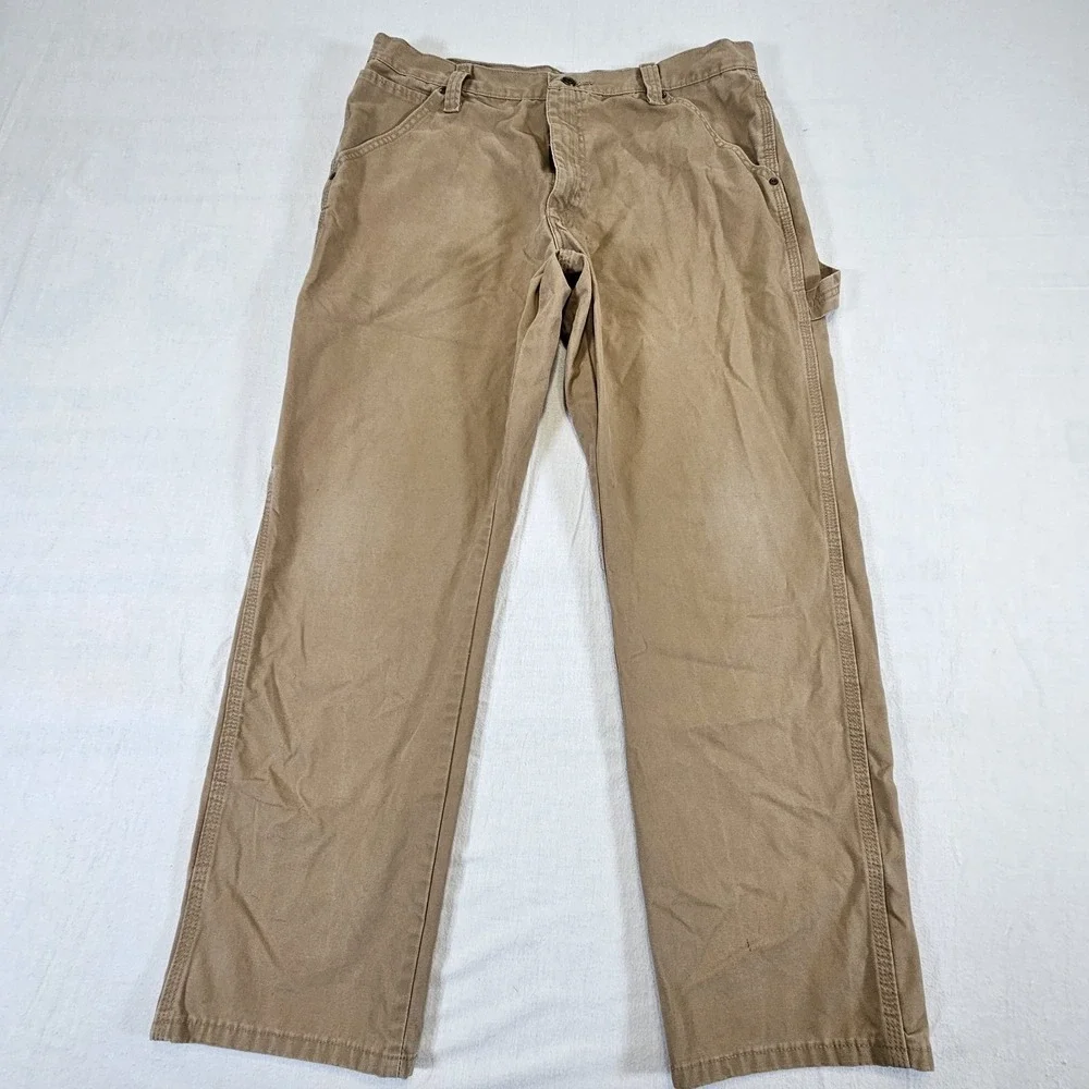Wrangler Carpenter Pants Mens 36 30 Khaki Distress Work Utility Durable Cotton
